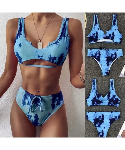 Womens Bikini High Waisted Tie Dye Tankini Bandeau Top de Sports Style Swimsuits Two Piece Swimwear - Blue - CI190E9D83S $12....