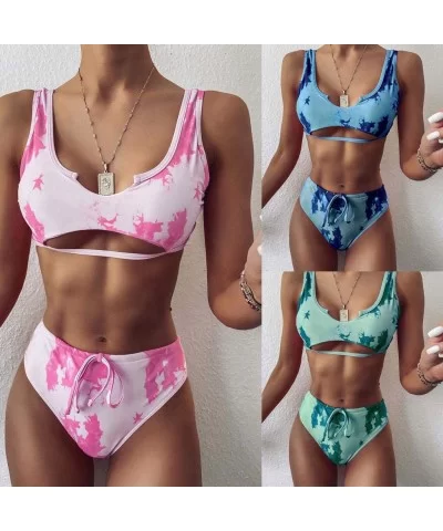 Womens Bikini High Waisted Tie Dye Tankini Bandeau Top de Sports Style Swimsuits Two Piece Swimwear - Blue - CI190E9D83S $12....