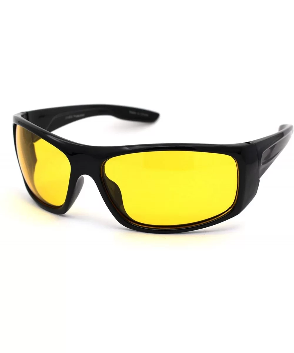 Mens Night Driving Yellow Lens Warp Around Biker Sport Sunglasses - Shiny Black - C918YEEK3M2 $6.16 Sport