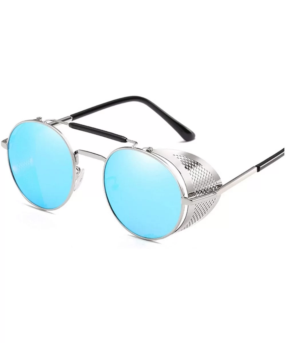 Retro Round Sunglasses Men Women Side Shield Goggles Metal Frame Gothic Mirror Lens Sun Glasses - Silver Blue - C118SE5W7XN $...