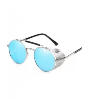 Retro Round Sunglasses Men Women Side Shield Goggles Metal Frame Gothic Mirror Lens Sun Glasses - Silver Blue - C118SE5W7XN $...