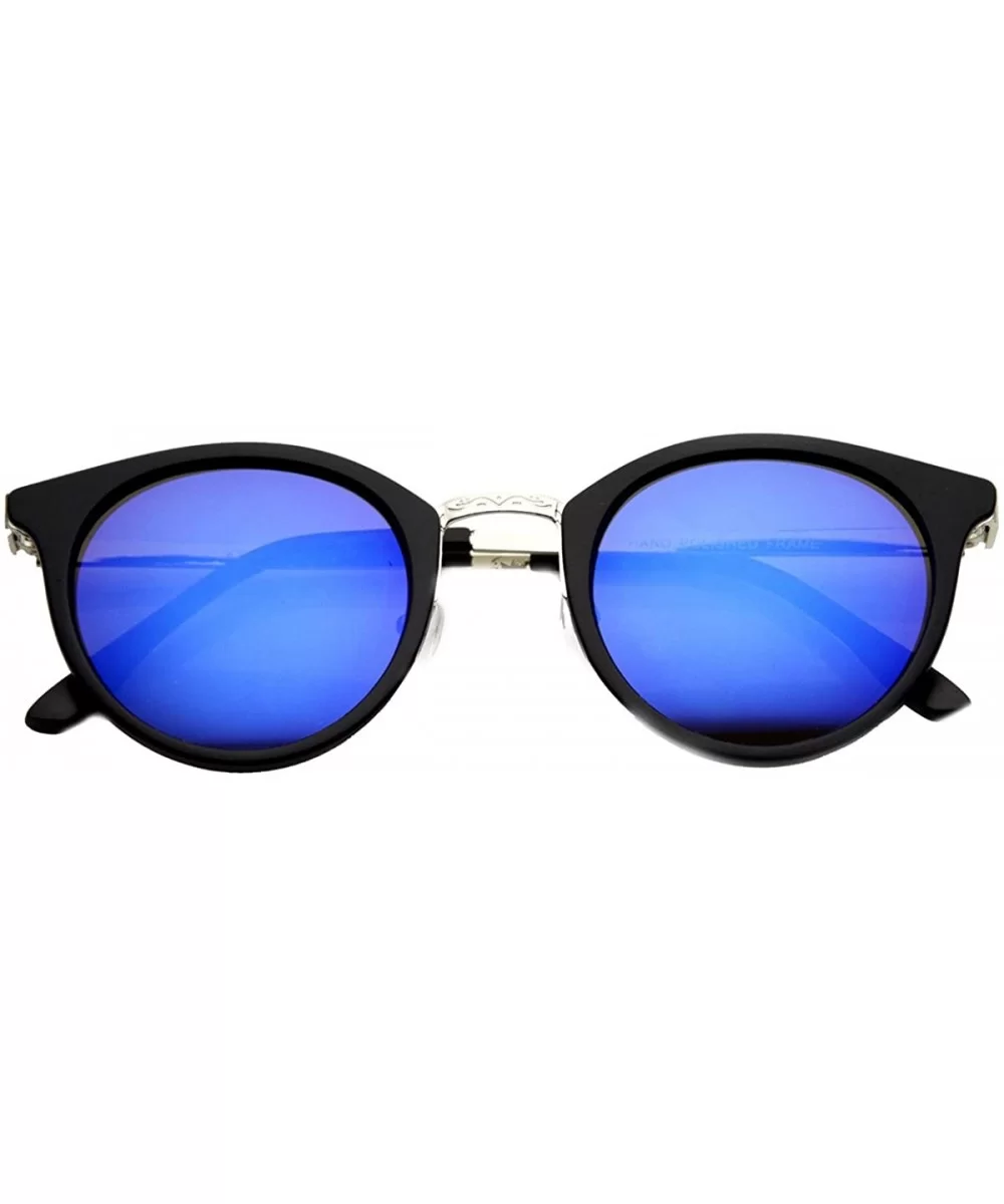 Retro Flash Mirror Horn Rimmed Metal Temple Round Sunglasses - Black Ice - CW17YZ8M3DK $6.51 Round