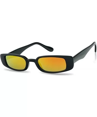 Small Narrow Retro Thin Rectangular Mirrored Lens 90's Vintage Sun Glasses - Black Frame - Fire Red - CS180YKAD43 $5.36 Round