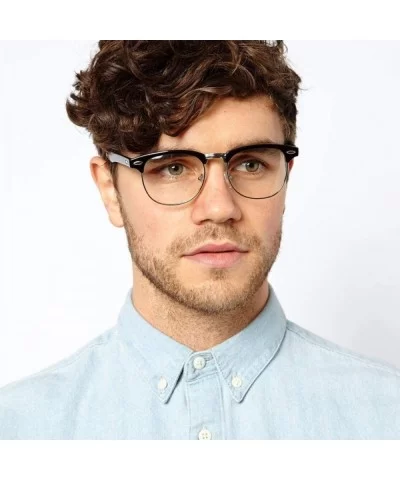 Fake Nerd Glasses for Women Men Semi-Rimless Frame Horn Rimmed Clear Lens Eyewear - Matte Black/Silver - CH186L47YNI $8.07 Round