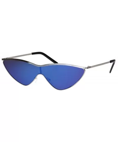 Womens Flat Top Retro Shield Cat Eye Metal Rim Sunglasses - Silver Blue Mirror - CA18IR38SAG $8.17 Shield