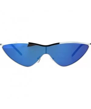 Womens Flat Top Retro Shield Cat Eye Metal Rim Sunglasses - Silver Blue Mirror - CA18IR38SAG $8.17 Shield