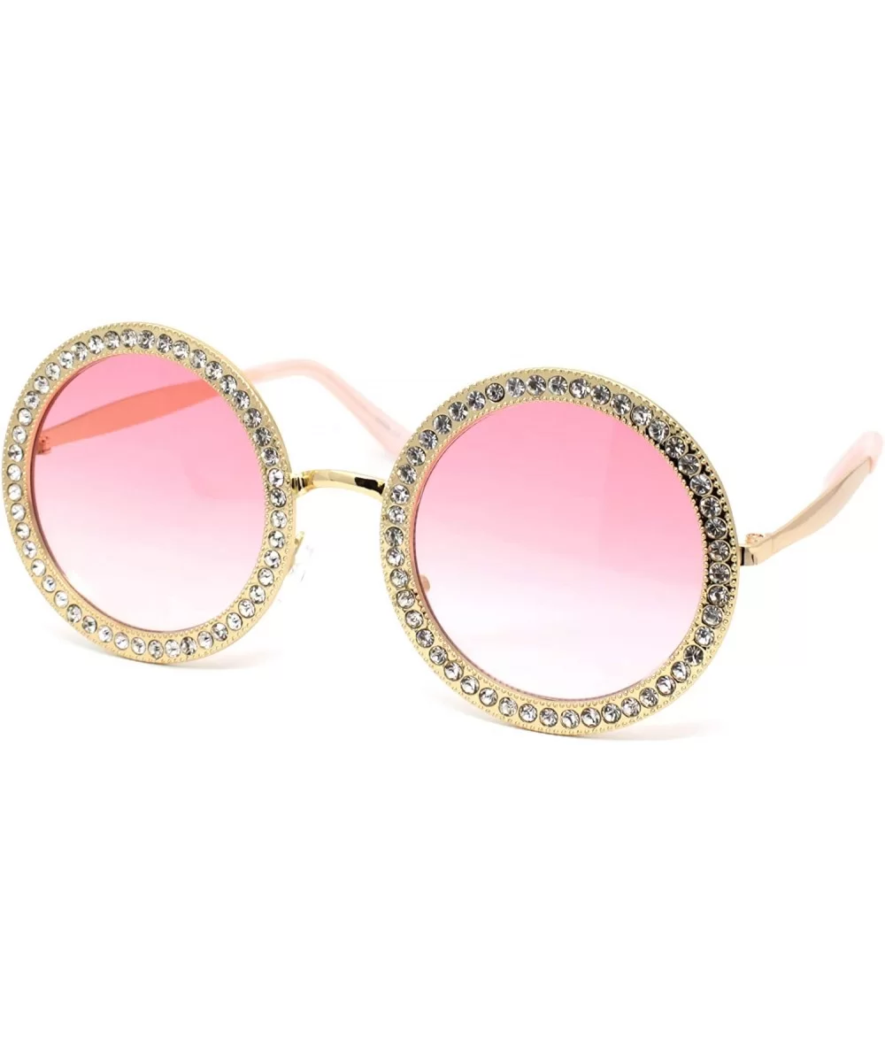 Womens Rhinestone Studded Round Circle Lens Hippie Sunglasses - Gold Pink Smoke - CS18WSLYO0I $9.42 Round