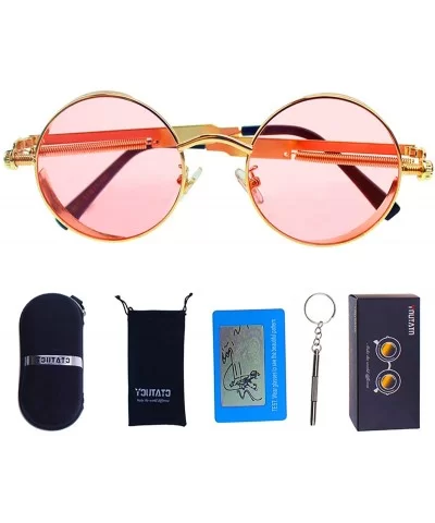 Polarized Sunglasses UV Protection-Retro Round Sunglasses for Women Men - Gold Frame/Pink Len - CT199MARW6S $11.83 Round