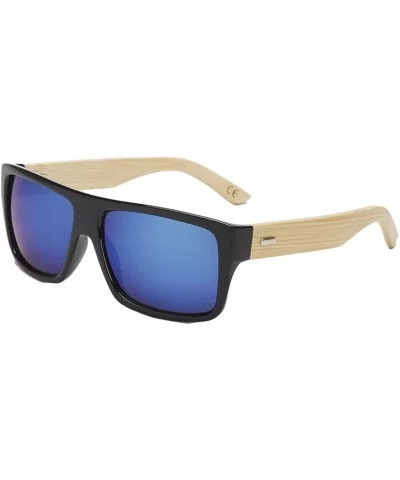 Large Retro Style Wooden Bamboo Flat Top Sunglasses Square Aviator Shades - Black/Blue - CP12JRYXOTP $15.58 Square