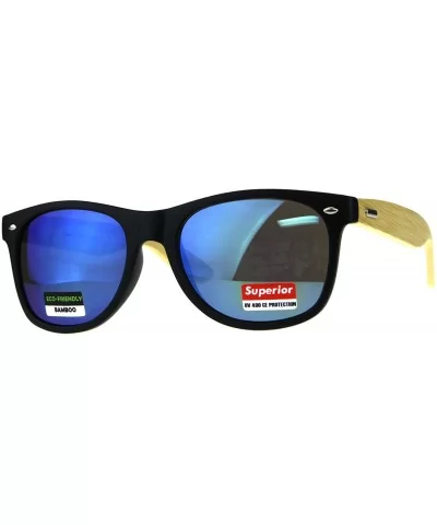 Real Bamboo Wood Temple Sunglasses Casual Horn Rim Matted Frame - Black (Blue Mirror) - CY18DD0MO3W $10.58 Wayfarer