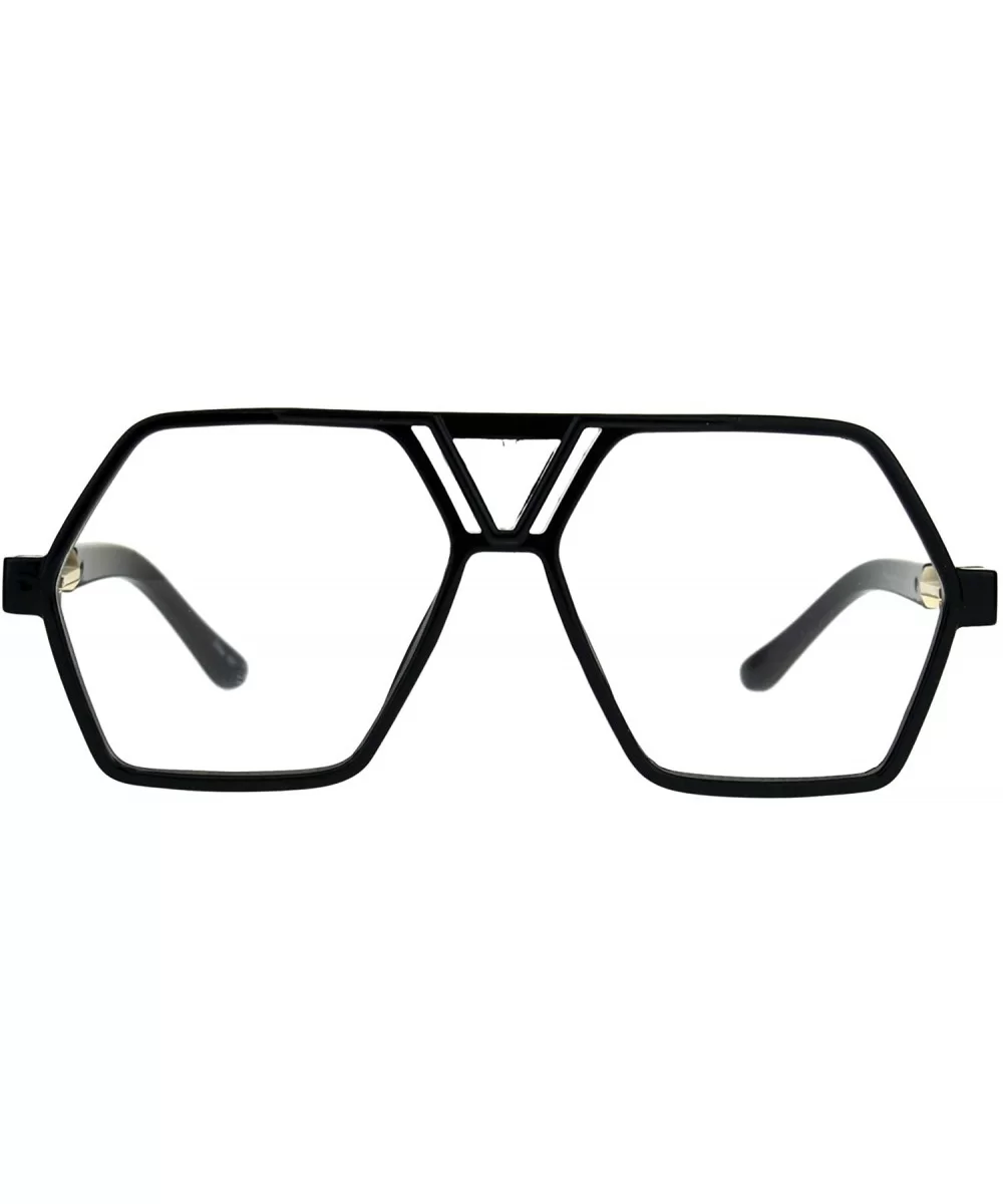 Hexagon Shape Clear Lens Glasses Unisex Oversized Flat Top Fashion Frame - Shiny Black - CK180YDZ6CR $6.90 Oversized