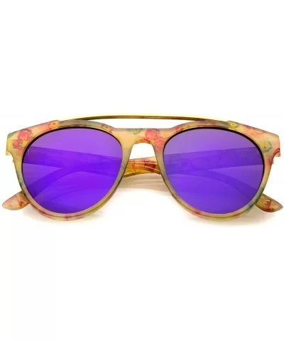 Women's Floral Metal Brow Bar Colored Mirror Lens P3 Round Sunglasses 50mm - Yellow-floral / Purple Mirror - CT12MYV0LC1 $7.3...