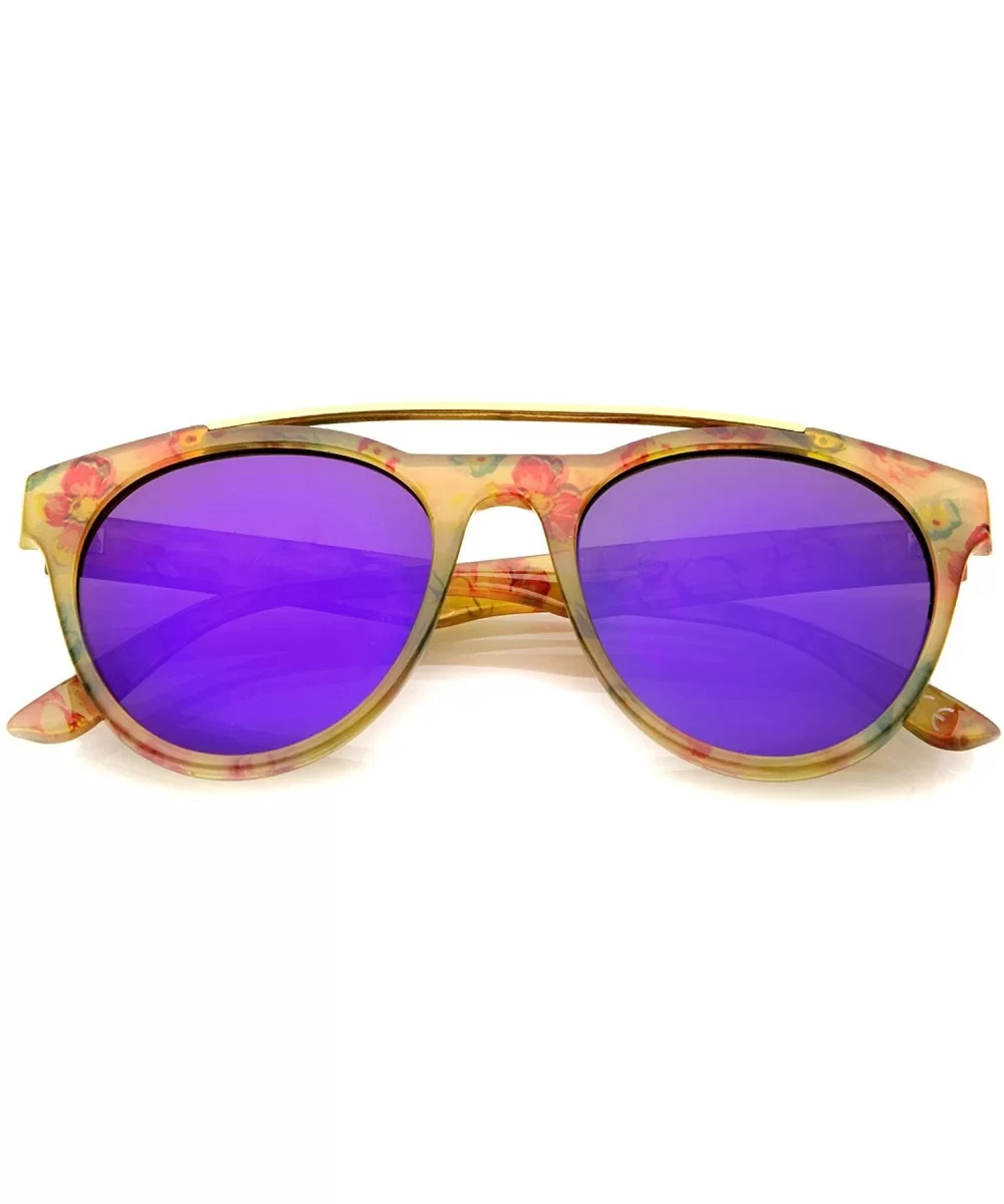 Women's Floral Metal Brow Bar Colored Mirror Lens P3 Round Sunglasses 50mm - Yellow-floral / Purple Mirror - CT12MYV0LC1 $7.3...