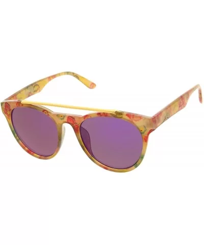 Women's Floral Metal Brow Bar Colored Mirror Lens P3 Round Sunglasses 50mm - Yellow-floral / Purple Mirror - CT12MYV0LC1 $7.3...