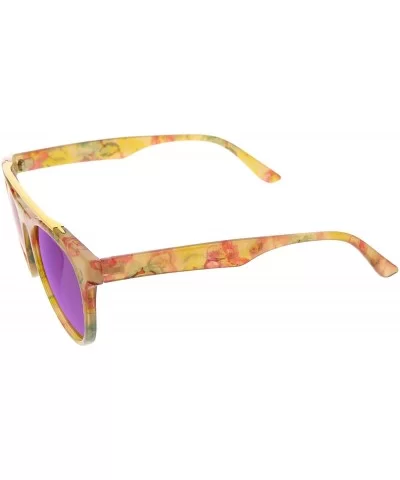 Women's Floral Metal Brow Bar Colored Mirror Lens P3 Round Sunglasses 50mm - Yellow-floral / Purple Mirror - CT12MYV0LC1 $7.3...