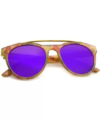 Women's Floral Metal Brow Bar Colored Mirror Lens P3 Round Sunglasses 50mm - Yellow-floral / Purple Mirror - CT12MYV0LC1 $7.3...