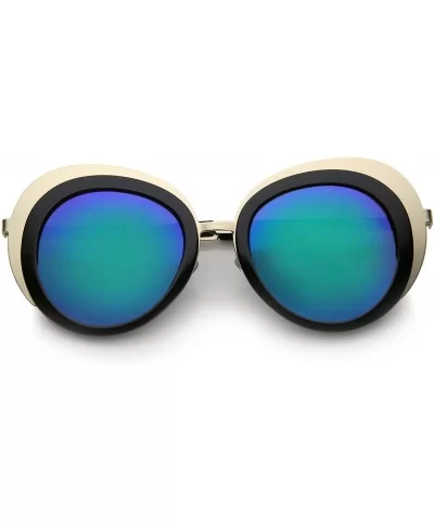 Women's Two-Tone Metal Backing Colored Mirror Lens Round Sunglasses 50mm - Gold-black / Green-blue Mirror - CO12KUKOBGP $5.77...