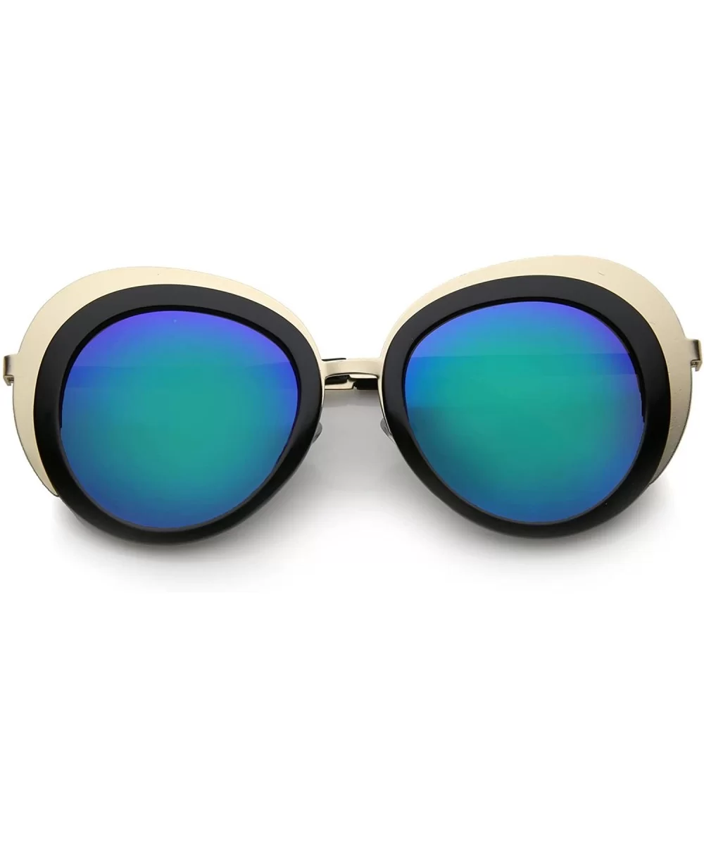 Women's Two-Tone Metal Backing Colored Mirror Lens Round Sunglasses 50mm - Gold-black / Green-blue Mirror - CO12KUKOBGP $5.77...