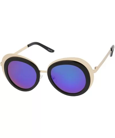 Women's Two-Tone Metal Backing Colored Mirror Lens Round Sunglasses 50mm - Gold-black / Green-blue Mirror - CO12KUKOBGP $5.77...