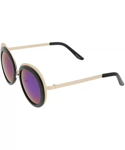 Women's Two-Tone Metal Backing Colored Mirror Lens Round Sunglasses 50mm - Gold-black / Green-blue Mirror - CO12KUKOBGP $5.77...