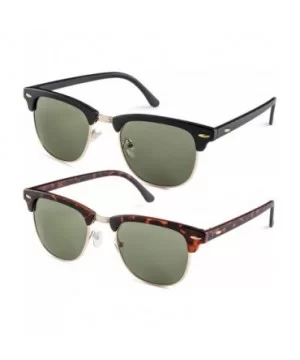 Semi Rimless Half Horn UV400 Sunglasses - (2 Pairs) Matte Black Frame/Green Lens + Matte Havana Frame/Green Lens - CY12I3GXQD...