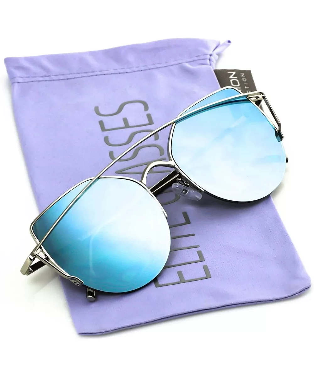 Cat Eye Metal Frame Flat Top Mirrored Lens Women Fashion Sunglasses - Blue Mirror - CU17YCH09CQ $7.07 Cat Eye