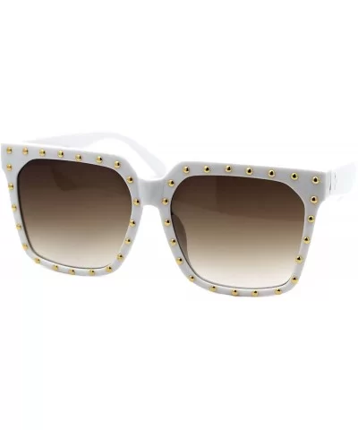 Gold Studded Sunglasses Womens Oversized Square Fashion Shades UV 400 - White (Brown Gradient) - CU18XUYG7TK $7.72 Square