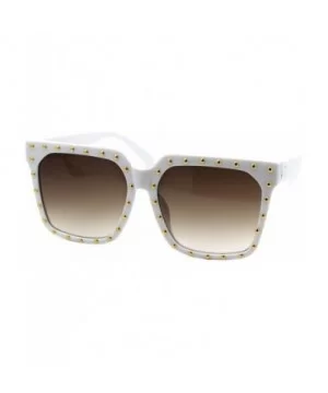 Gold Studded Sunglasses Womens Oversized Square Fashion Shades UV 400 - White (Brown Gradient) - CU18XUYG7TK $7.72 Square