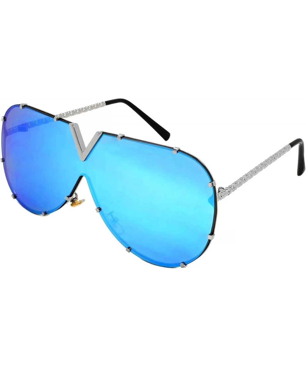 V Top Metal Aviator Fashion Sunglasses Tinted One Piece Flat Lens EC55695 - Silver Frame/Blue-white Mirrored Lens - CQ180NGTN...