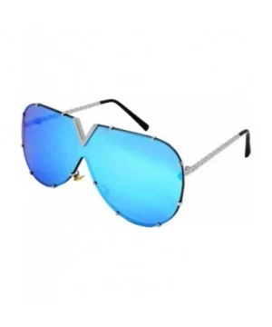 V Top Metal Aviator Fashion Sunglasses Tinted One Piece Flat Lens EC55695 - Silver Frame/Blue-white Mirrored Lens - CQ180NGTN...