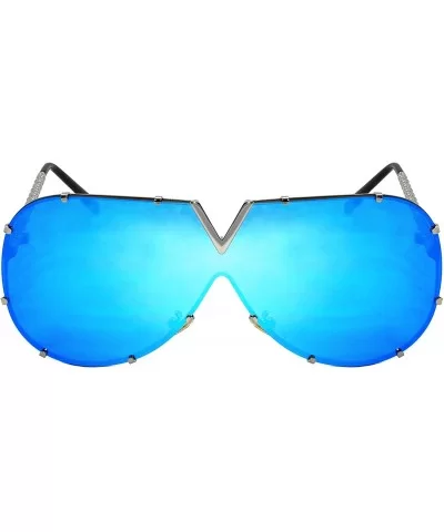 V Top Metal Aviator Fashion Sunglasses Tinted One Piece Flat Lens EC55695 - Silver Frame/Blue-white Mirrored Lens - CQ180NGTN...