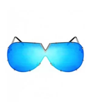 V Top Metal Aviator Fashion Sunglasses Tinted One Piece Flat Lens EC55695 - Silver Frame/Blue-white Mirrored Lens - CQ180NGTN...