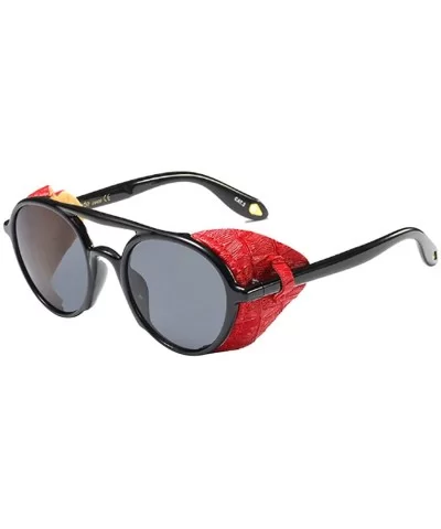 Women's Retro Classic Round Plastic Frame Sunglasses With Leather - Black Red Gray - CC18W6IKQK7 $22.28 Round