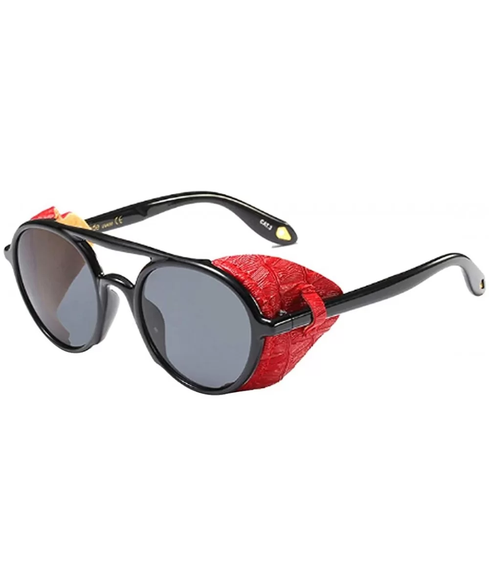 Women's Retro Classic Round Plastic Frame Sunglasses With Leather - Black Red Gray - CC18W6IKQK7 $22.28 Round