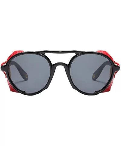 Women's Retro Classic Round Plastic Frame Sunglasses With Leather - Black Red Gray - CC18W6IKQK7 $22.28 Round