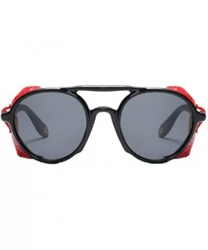 Women's Retro Classic Round Plastic Frame Sunglasses With Leather - Black Red Gray - CC18W6IKQK7 $22.28 Round