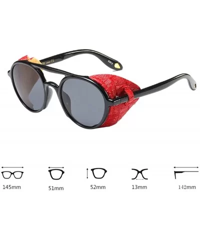 Women's Retro Classic Round Plastic Frame Sunglasses With Leather - Black Red Gray - CC18W6IKQK7 $22.28 Round