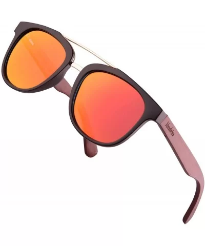 Madrid Polarized Sunglasses with Wood Temples - Black & Gold Frame - Matte Black / Coral Lens - CE194LG4SWY $29.91 Oversized