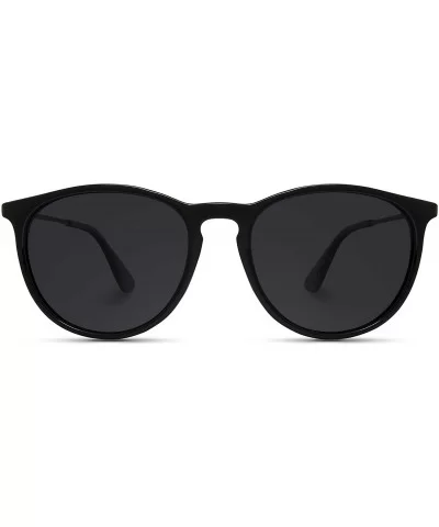 Round Retro Polarized Lens Classic Sunglasses for Women - Black Frame/Black Lens - CI18M5AW3UN $18.52 Oval