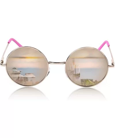 Round Sunglasses Circle Retro Hippie Flat Mirrored Lens Glasses UV400 - Pink - CP18SC9T34T $7.87 Round