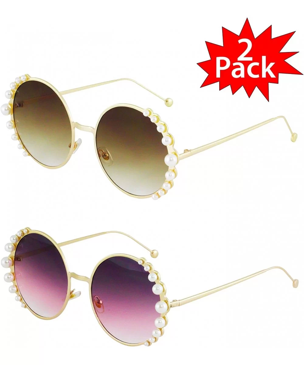 Fashion Round Pearl Decor Metal Frame Women's Sunglasses UV Protection - Brown and Purple - CL18TIN05M7 $11.85 Round