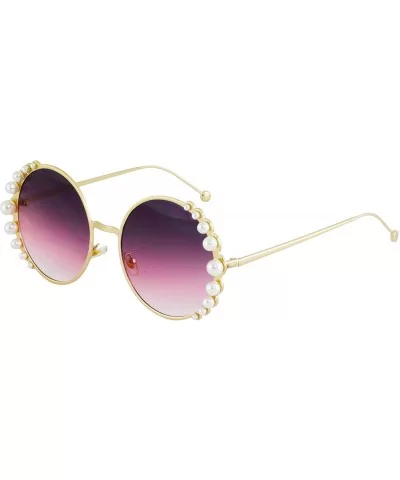 Fashion Round Pearl Decor Metal Frame Women's Sunglasses UV Protection - Brown and Purple - CL18TIN05M7 $11.85 Round