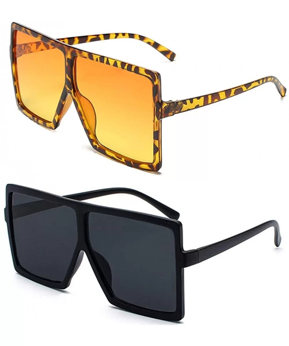 Oversized Square Sunglasses for Women Trendy Flat Top Fashion Shades - Black+all Leopard - CB19DW4KT04 $8.88 Square