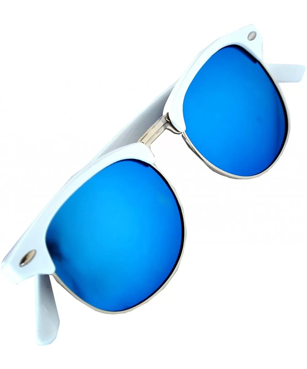 Retro Classic Sunglasses Metal Half Frame With Colored Lens Uv 400 - White-blue-mirror - CX12MWX4YDD $6.96 Wayfarer