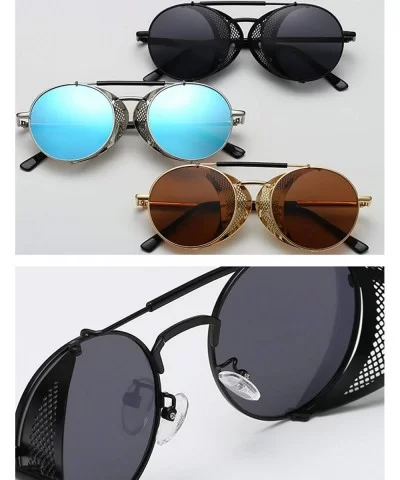 Men's Steampunk Round Frame Reflective Sunglasses - Gold Lens/Blue Frame - CN18UZMKNXC $7.99 Round