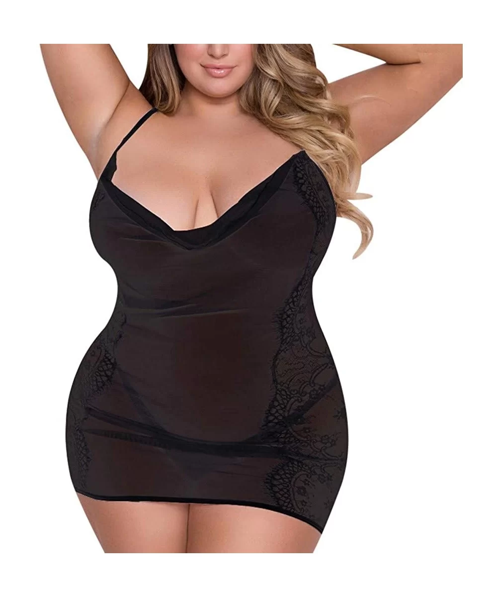 Women Plus Size Bandage Babydoll Set Lace Muslin Sexy Lingerie with G-String - Black - CY18UC9746T $7.00 Sport