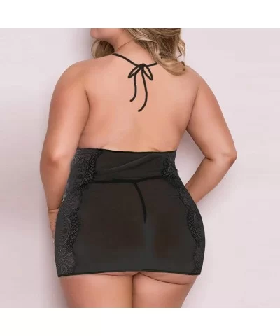 Women Plus Size Bandage Babydoll Set Lace Muslin Sexy Lingerie with G-String - Black - CY18UC9746T $7.00 Sport