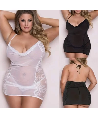 Women Plus Size Bandage Babydoll Set Lace Muslin Sexy Lingerie with G-String - Black - CY18UC9746T $7.00 Sport