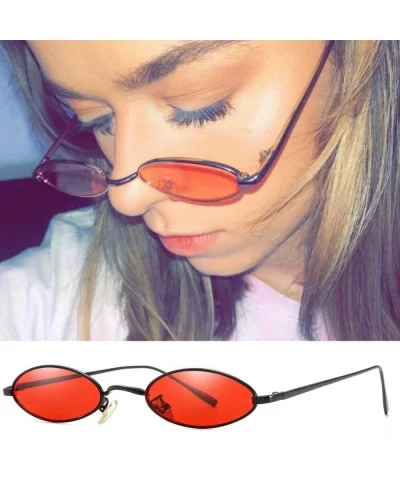 Vintage Slender Oval Sunglasses Small Metal Frame Candy Colors - Red Lens Black Frame - CL18G9HNMR4 $9.02 Goggle