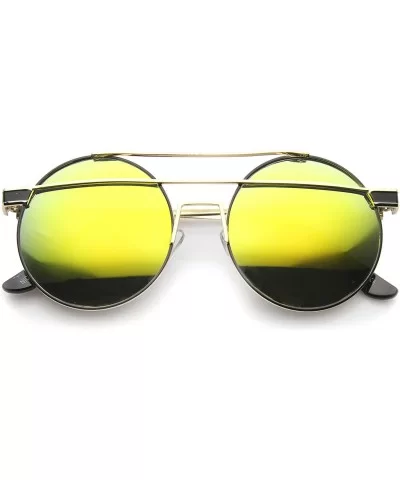 Modern Metal Frame Double Bridge Colored Mirror Lens Round Sunglasses 59mm - Gold-black / Yellow Mirror - CI12I21QYNH $8.18 R...